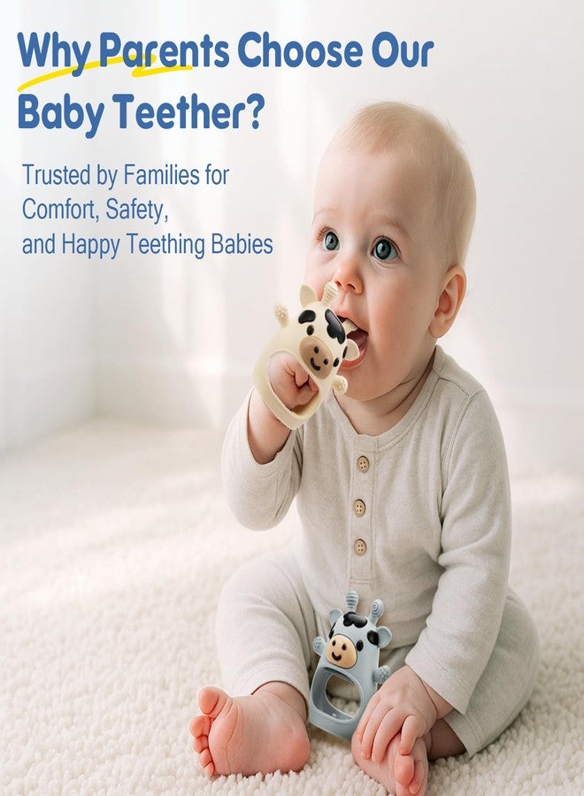 TOHIBEE 2 Packs Baby Teething Toys for 0-6 6-12 Months, Food Grade Silicone Adjustable Cow Teething Mitten, Chew Teether Toys for Teething Pain Relief, Baby and New Born Essentials, Blue & White - Image 2